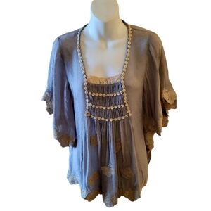 Esley Gauze Material Summer Drop Waist Lightweight Blouse Blue and Ivory Size S